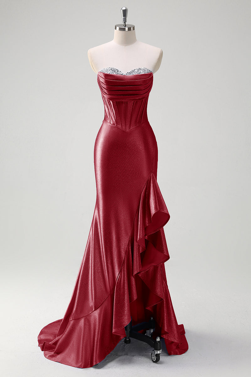 Laden Sie das Bild in den Galerie-Viewer, Glitzer Schwarz Korsett Satin Lange Abendkleid mit Rüschen Schlitz