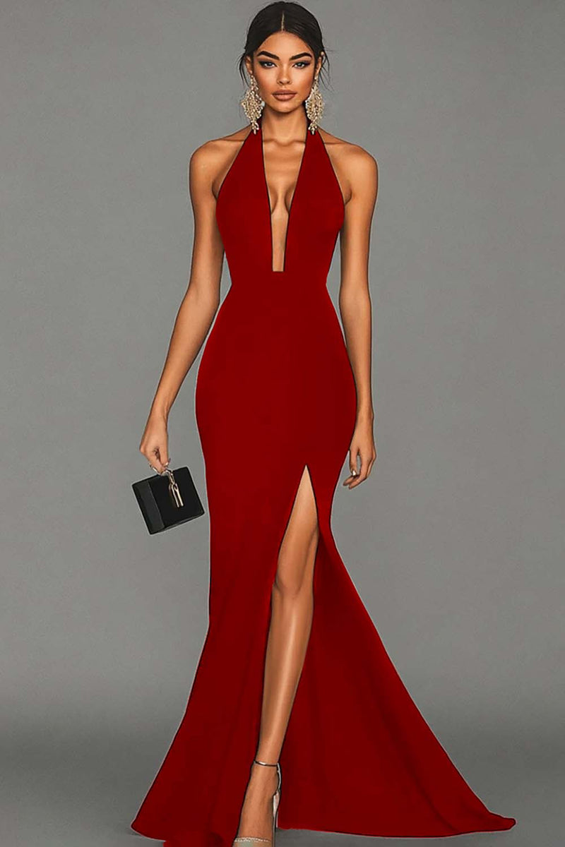 Laden Sie das Bild in den Galerie-Viewer, Elegant Schwarz Meerjungfrau Satin Neckholder Maxi Abendkleid mit Schlitz