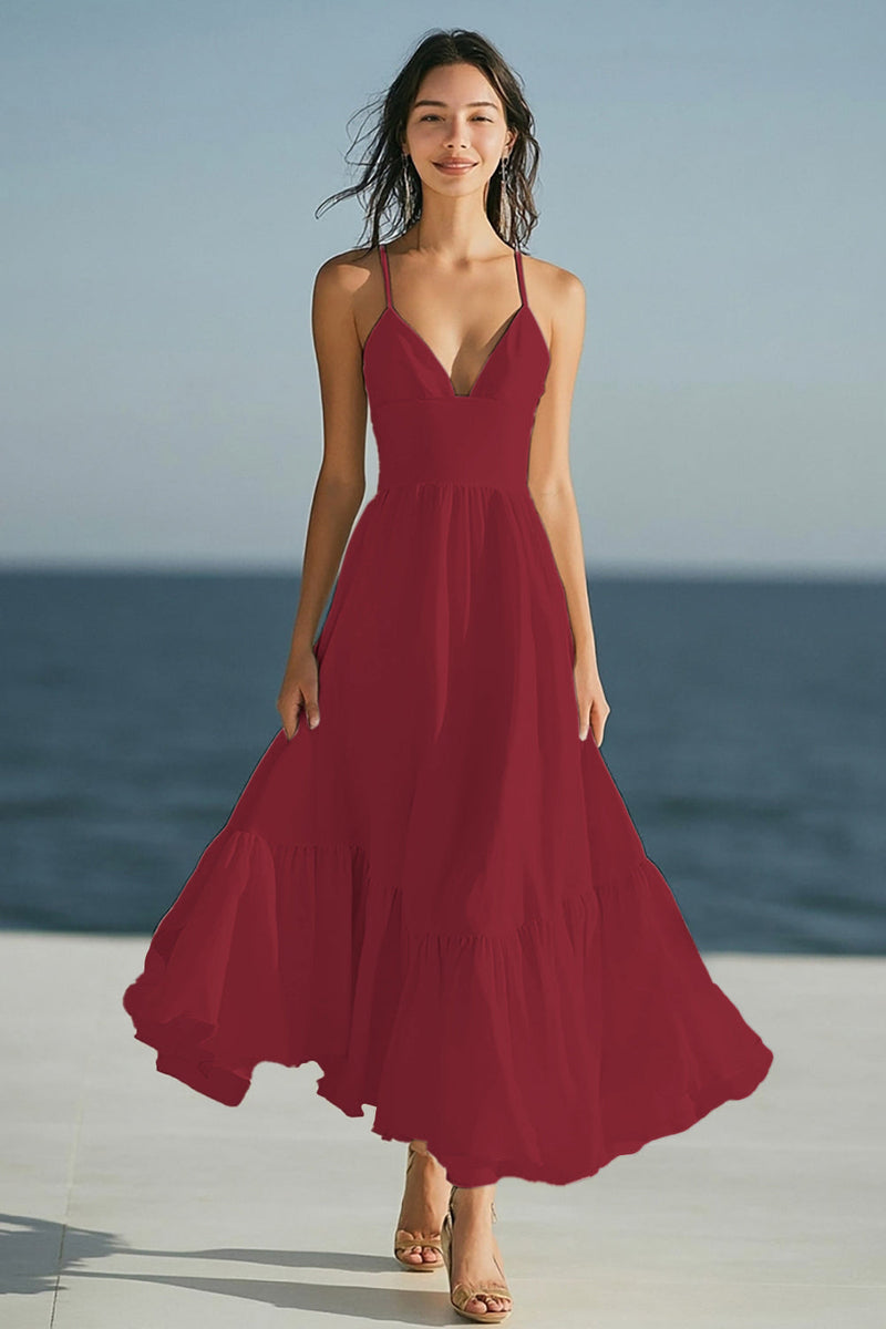 Laden Sie das Bild in den Galerie-Viewer, Elfenbein A Linie Spaghettiträger Boho Maxi Standesamtkleid