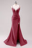 Laden Sie das Bild in den Galerie-Viewer, Glitzer Fuchsia Merjungfrau Spaghettiträger Korsett Lange Abendkleid mit Schlitz