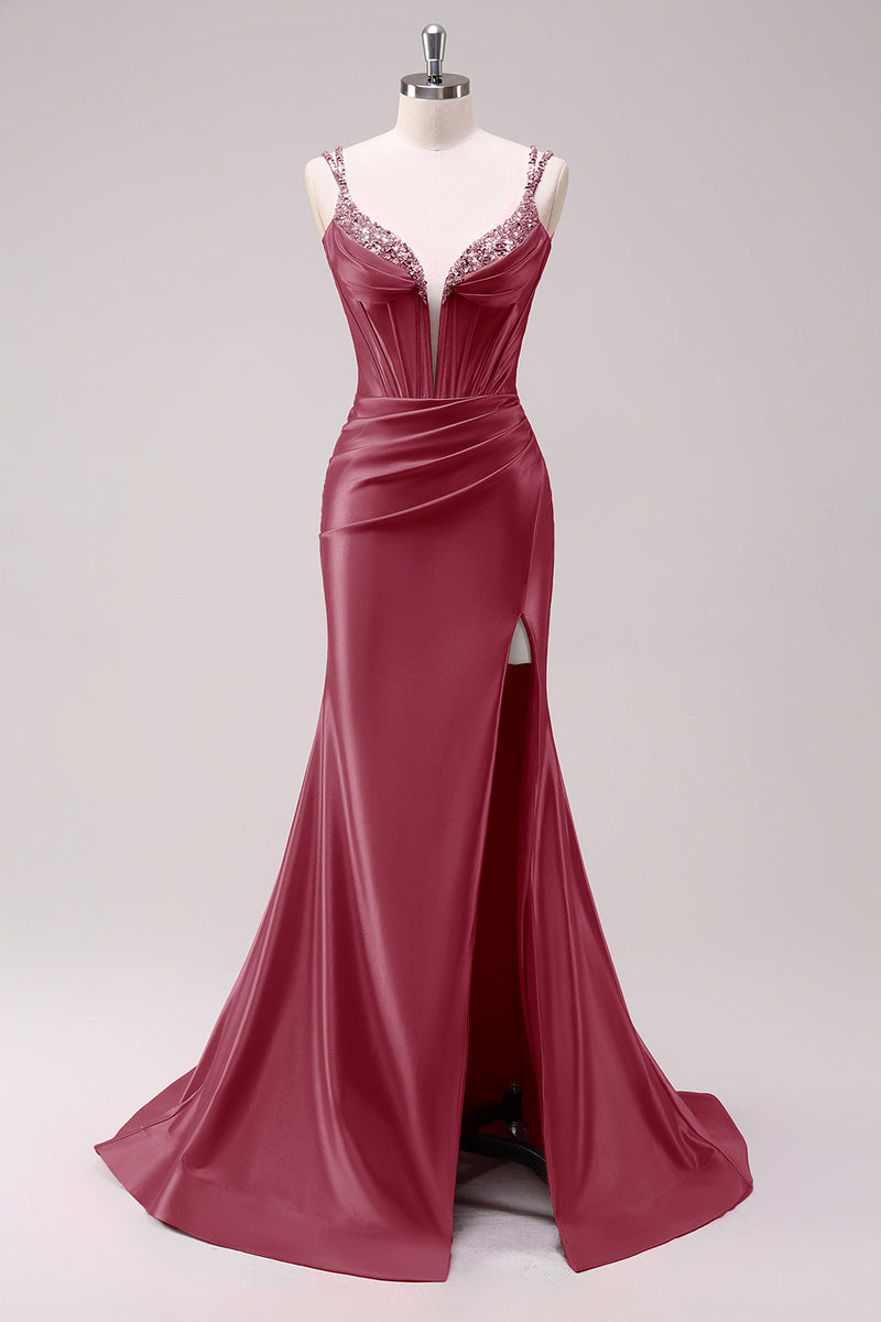 Laden Sie das Bild in den Galerie-Viewer, Glitzer Fuchsia Merjungfrau Spaghettiträger Korsett Lange Abendkleid mit Schlitz