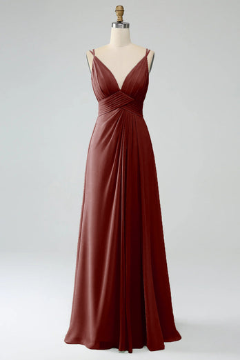 A-Linie Spaghettiträger V-Ausschnitt Plissee Chiffon langes Brautjungfernkleid