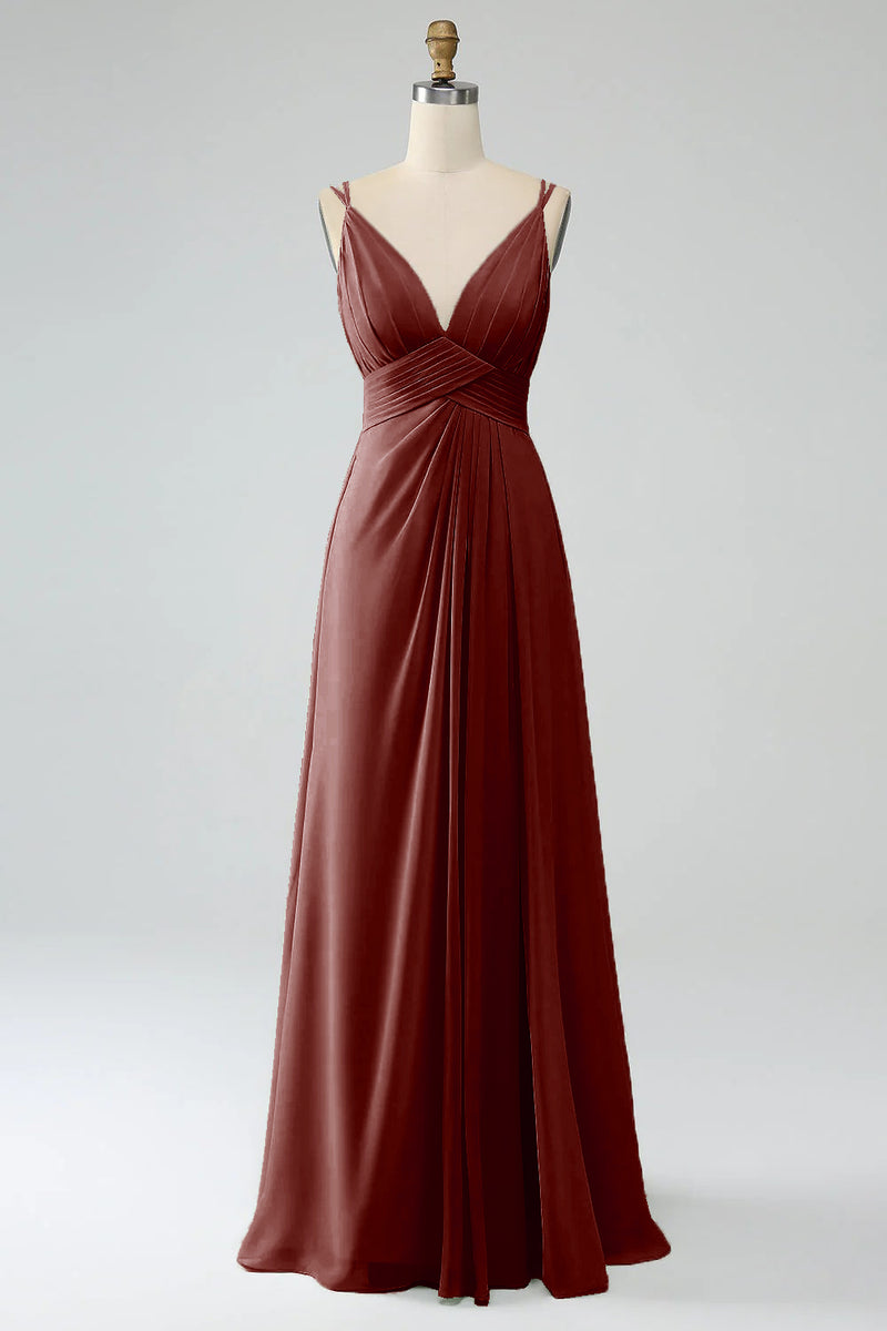 Laden Sie das Bild in den Galerie-Viewer, A-Linie Spaghettiträger V-Ausschnitt Plissee Chiffon langes Brautjungfernkleid