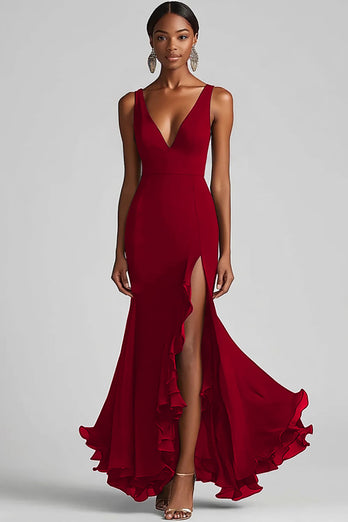 Schwarz Chiffon Meerjungfrau V Ausschnitt Lange Formelle Kleid mit Schlitz