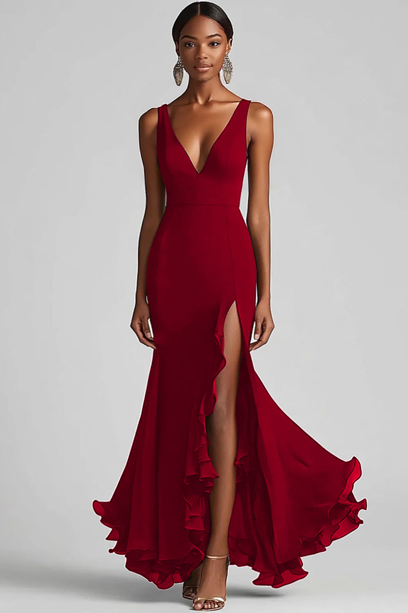 Laden Sie das Bild in den Galerie-Viewer, Schwarz Chiffon Meerjungfrau V Ausschnitt Lange Formelle Kleid mit Schlitz
