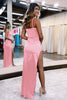 Laden Sie das Bild in den Galerie-Viewer, Heißrosa Satin V-Ausschnitt Einfaches Abendkleid mit Schlitz