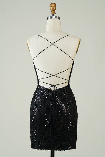 Schwarze Pailletten Spaghettiträger Enges Cocktailkleid