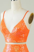Laden Sie das Bild in den Galerie-Viewer, Zweiteiliges enges Cocktailkleid mit orangefarbenen Pailletten