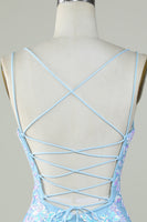 Laden Sie das Bild in den Galerie-Viewer, Glitzerndes hellblaues Cocktailkleid mit Schnürung am Rücken