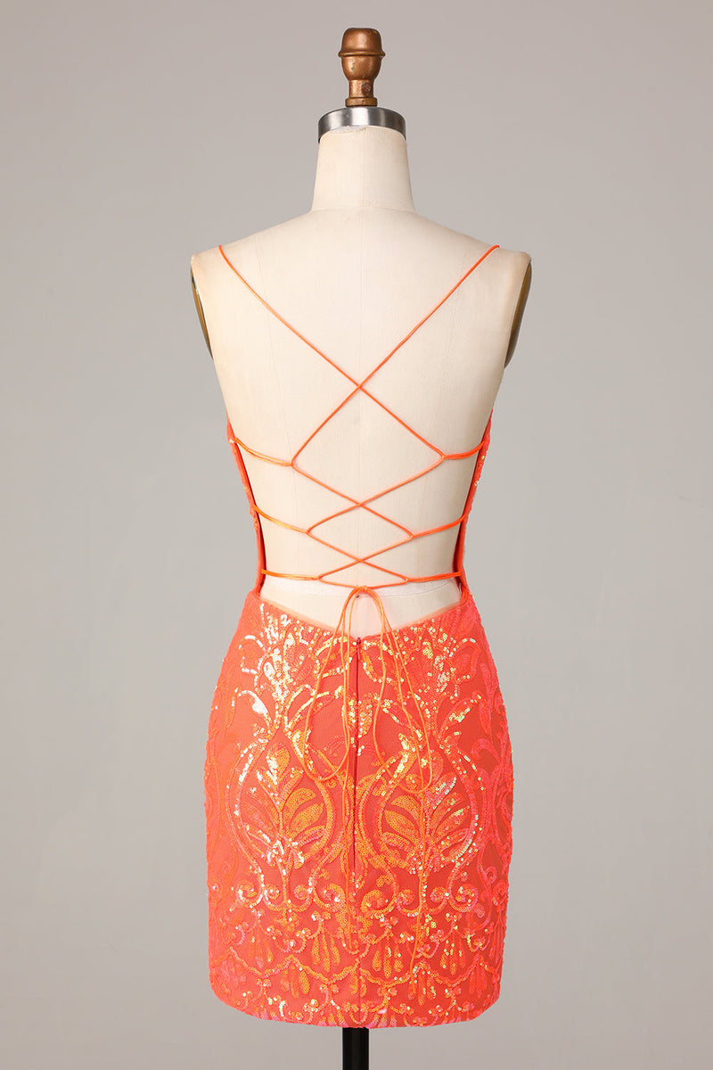 Laden Sie das Bild in den Galerie-Viewer, Sparkle &#39;til Dawn Bodycon Spaghettiträger Orange Pailletten Kurzes Cocktailkleid