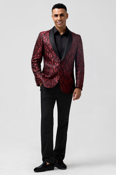Rot 2-Teiliger Jacquard Ein-Knopf Schal Revers Herren Hochzeitsanzug