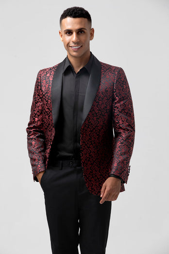 Rot 2-Teiliger Jacquard Ein-Knopf Schal Revers Herren Hochzeitsanzug