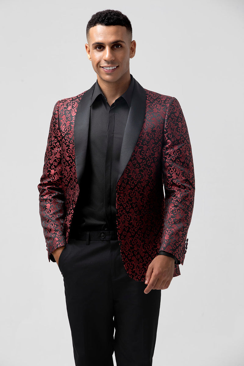 Laden Sie das Bild in den Galerie-Viewer, Rot 2-Teiliger Jacquard Ein-Knopf Schal Revers Herren Hochzeitsanzug