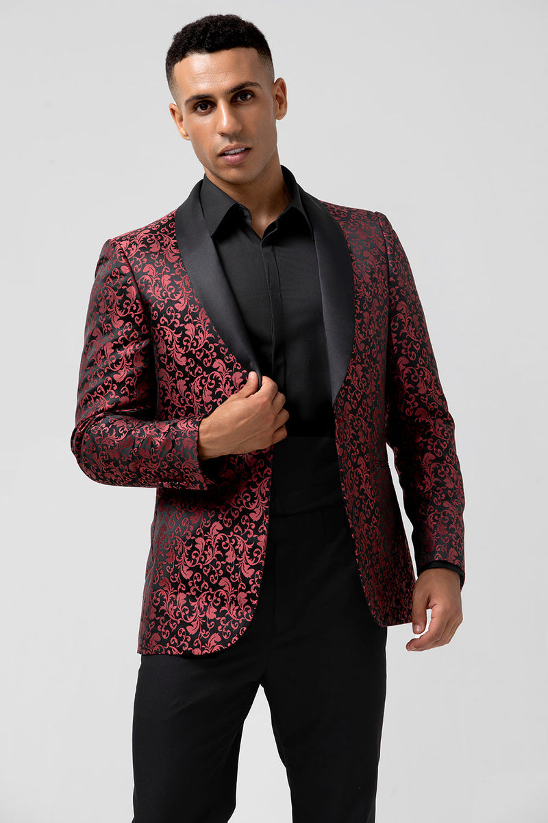 Laden Sie das Bild in den Galerie-Viewer, Rot 2-Teiliger Jacquard Ein-Knopf Schal Revers Herren Hochzeitsanzug