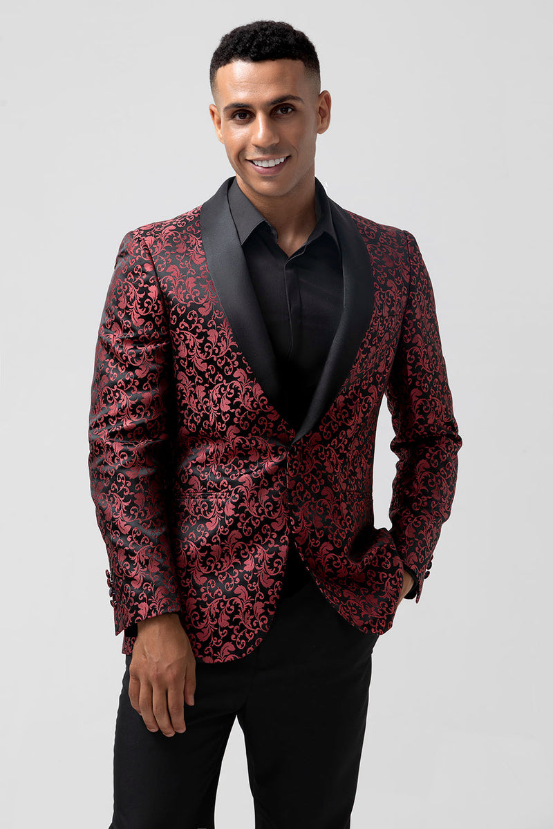 Laden Sie das Bild in den Galerie-Viewer, Rot 2-Teiliger Jacquard Ein-Knopf Schal Revers Herren Hochzeitsanzug