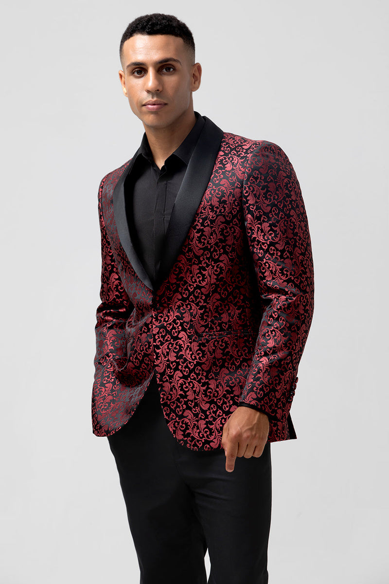 Laden Sie das Bild in den Galerie-Viewer, Rot 2-Teiliger Jacquard Ein-Knopf Schal Revers Herren Hochzeitsanzug