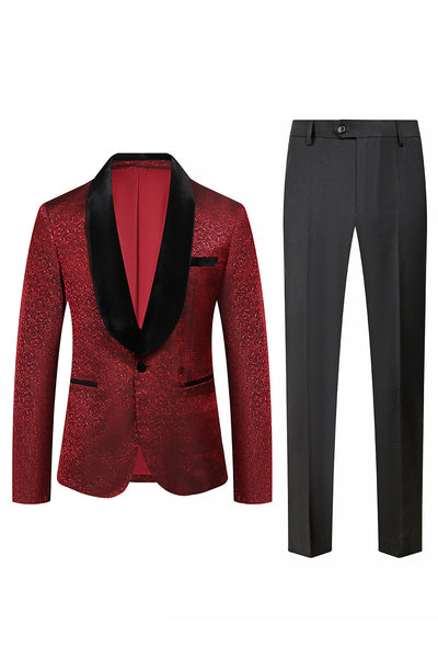 Burgund Jacquard Schal Revers Ein-Knopf 2-Teiliger Herren Ballanzug