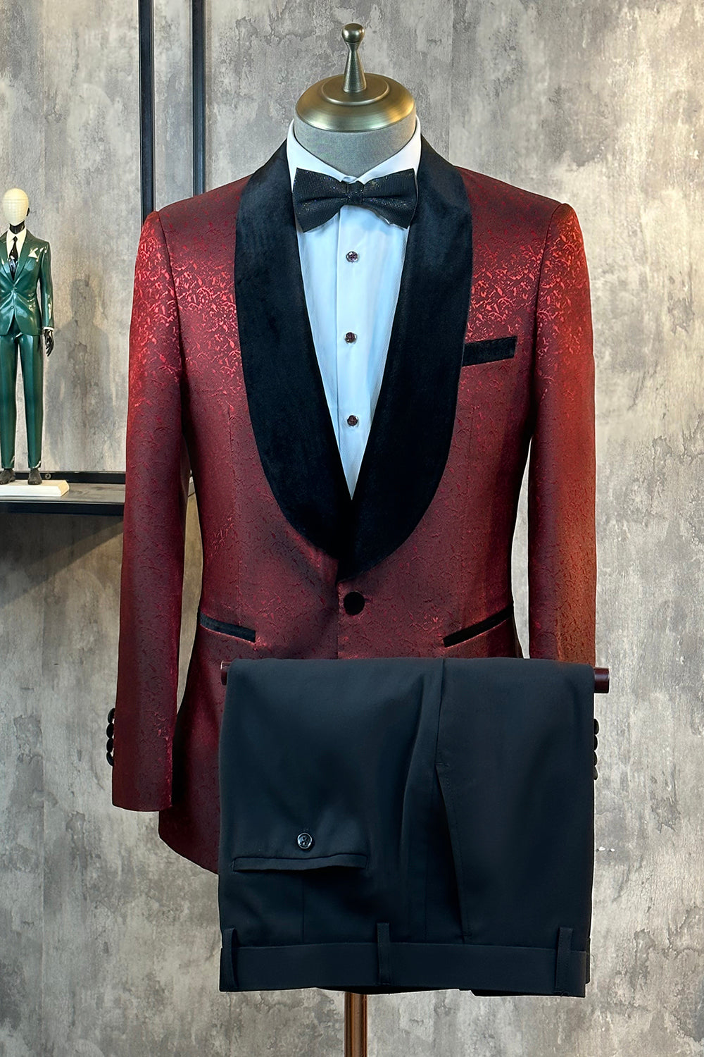 Burgunder Glitter 2-Teiliger Jacquard Ein-Knopf Schal Revers Herren Ballanzug