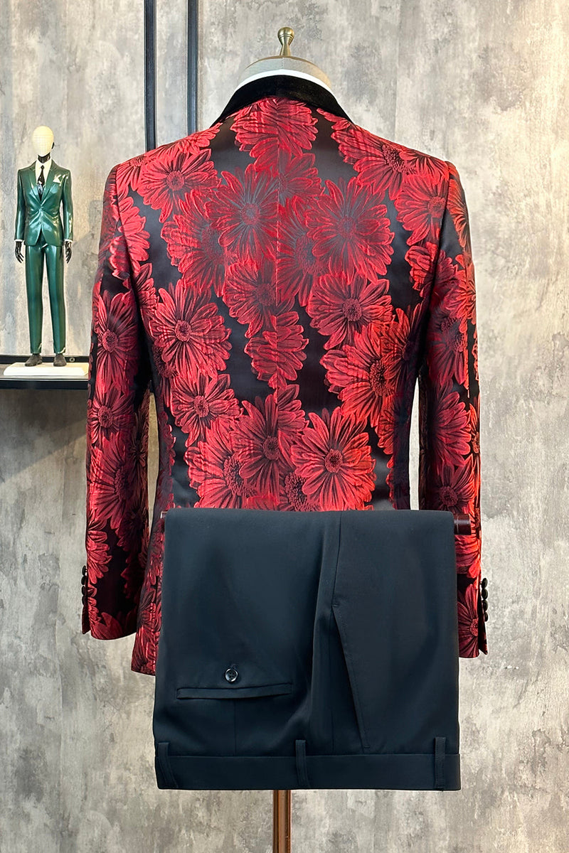 Laden Sie das Bild in den Galerie-Viewer, Burgunder Glitter 2-Teiliger Jacquard Ein-Knopf Schal Revers Herren Ballanzug
