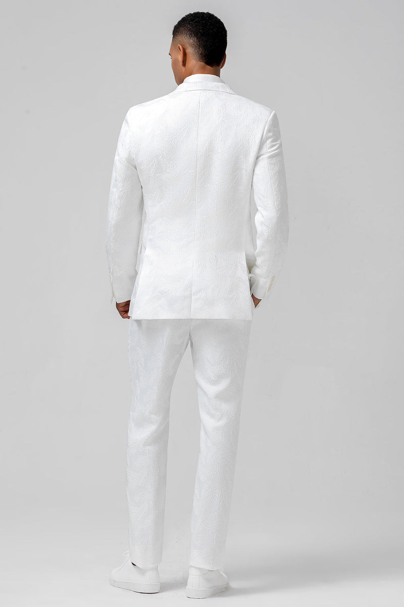 Laden Sie das Bild in den Galerie-Viewer, Weißer Slim Fit Spitzenrevers Jacquard Zweireihige 2-Teiliger Herrenanzug
