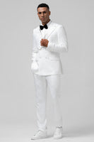 Laden Sie das Bild in den Galerie-Viewer, Weißer Slim Fit Spitzenrevers Jacquard Zweireihige 2-Teiliger Herrenanzug