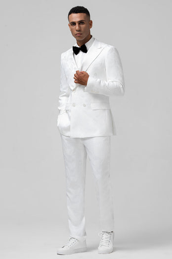 Weißer Slim Fit Spitzenrevers Jacquard Zweireihige 2-Teiliger Herrenanzug