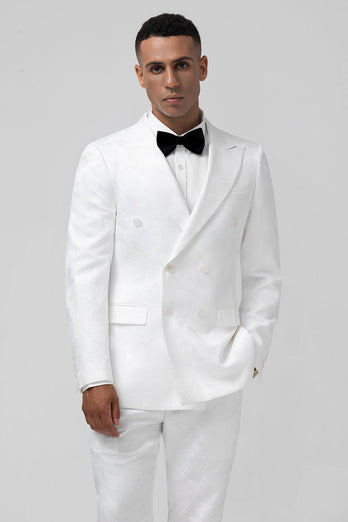 Weißer Slim Fit Spitzenrevers Jacquard Zweireihige 2-Teiliger Herrenanzug