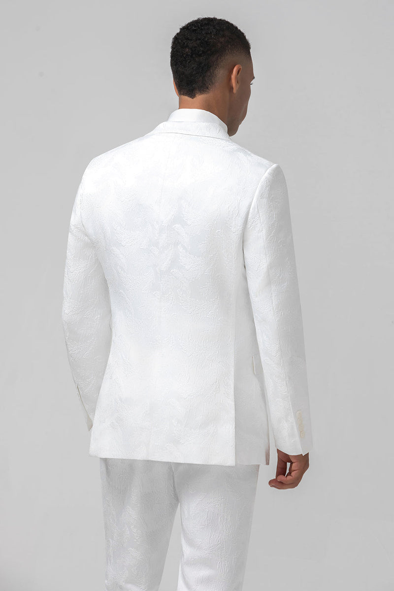 Laden Sie das Bild in den Galerie-Viewer, Weißer Slim Fit Spitzenrevers Jacquard Zweireihige 2-Teiliger Herrenanzug