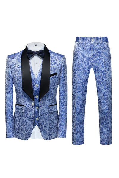 Hellblaues Ein-Knopf Schal Revers Jacquard 3-Teiliger Ballanzug für Herren