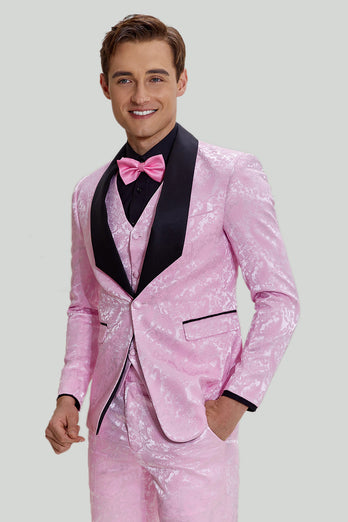 Rosa Schal Revers Jacquard Satin Ein-Knopf 3-Teiliger Herren Ballanzug
