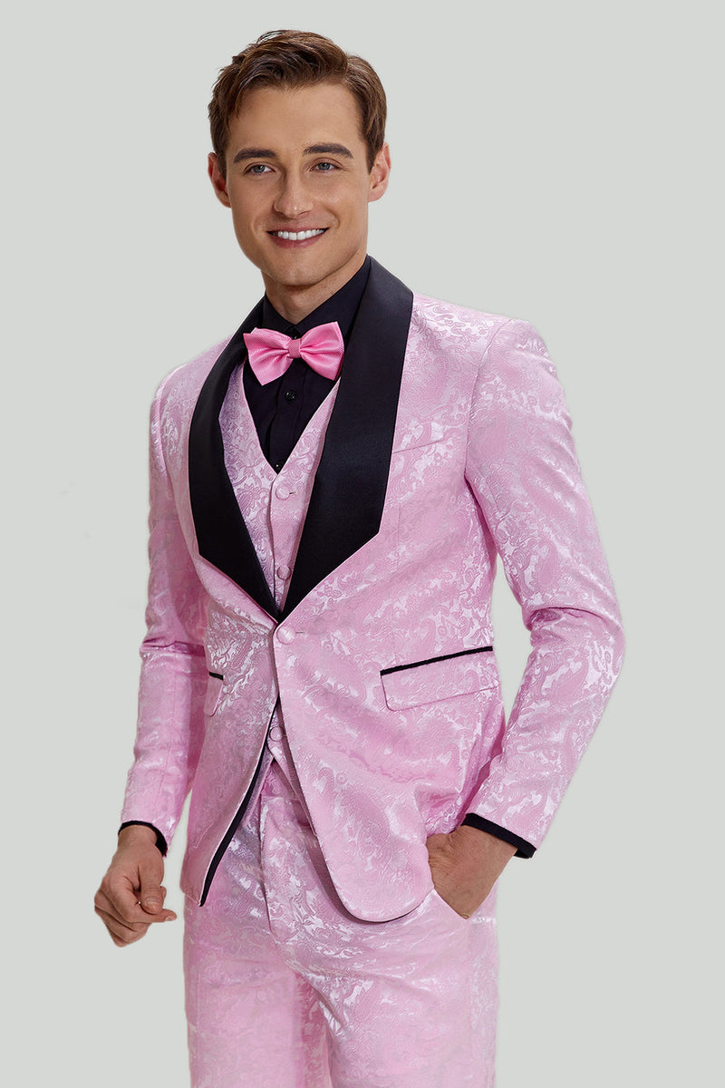 Laden Sie das Bild in den Galerie-Viewer, Rosa Schal Revers Jacquard Satin Ein-Knopf 3-Teiliger Herren Ballanzug