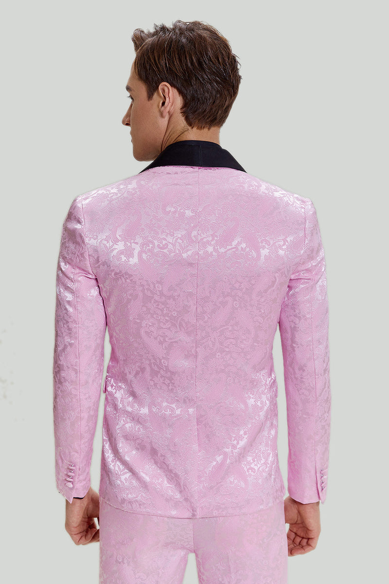 Laden Sie das Bild in den Galerie-Viewer, Rosa Schal Revers Jacquard Satin Ein-Knopf 3-Teiliger Herren Ballanzug