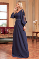 Laden Sie das Bild in den Galerie-Viewer, Marineblaues Mutter-der-Braut-Kleid mit langen Ärmeln in A-Linie und Perlen