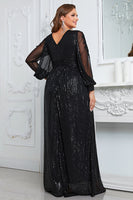 Laden Sie das Bild in den Galerie-Viewer, Schwarzes glitzerndes Kleid mit langen Ärmeln für die Mutter der Braut in Übergröße