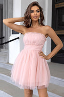 Laden Sie das Bild in den Galerie-Viewer, Rosa trägerloses A-Linien-Tüll-Kurzes Cocktailkleid