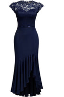 Laden Sie das Bild in den Galerie-Viewer, Burgund Rüsche Boot-Ausschnitt Asymmetrisch Cocktailkleider mit Spitze