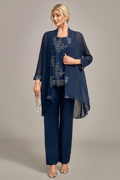 Homrain Mutter der Braut Hosenanzüge Marineblau 3-teilige  mit Applikationen Chiffon Formelles Outfit-Set