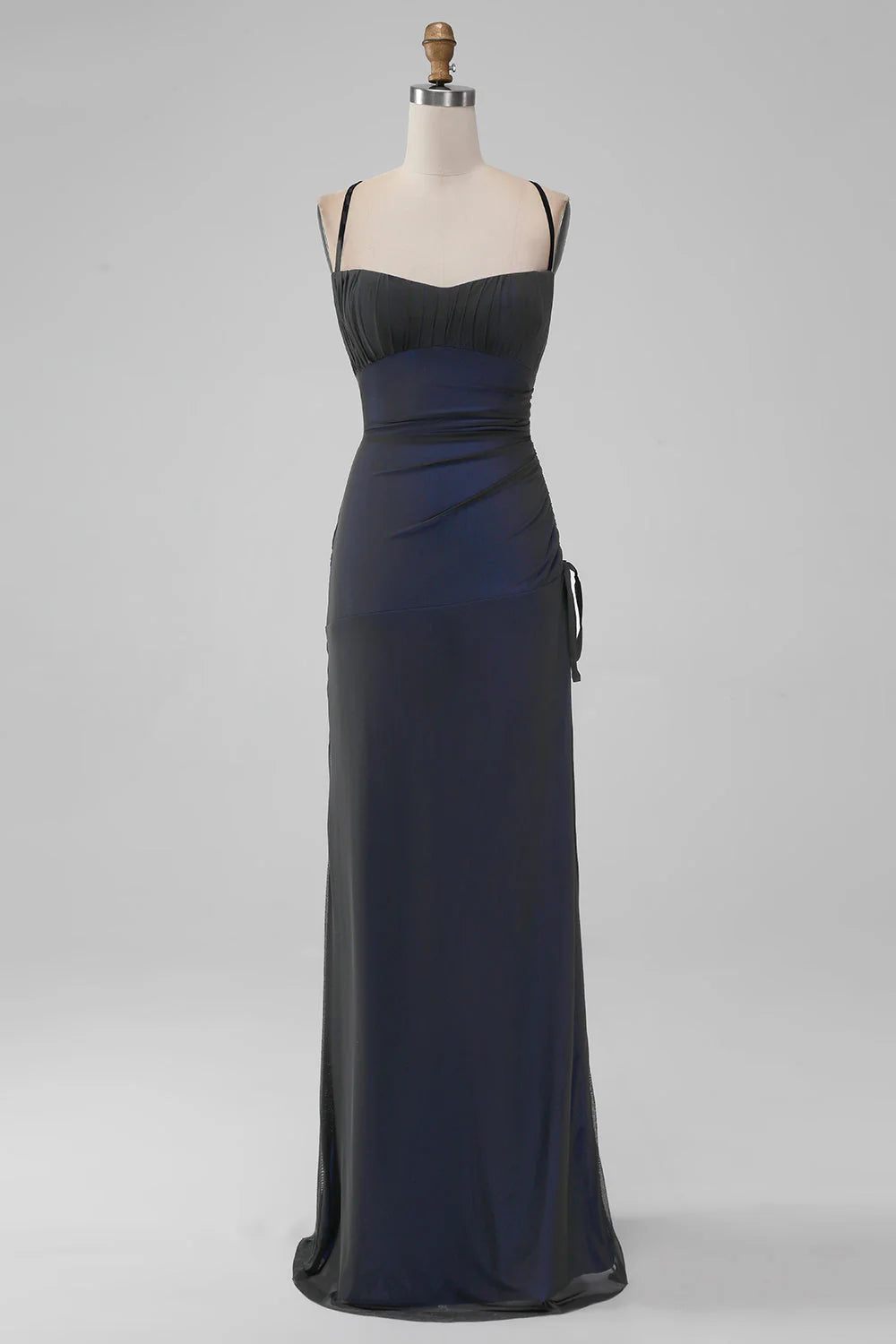 Frauen Schwarz Blau 
Abendkleider mit SchlitzEtui Spaghettiträger Bodenlanges Brautjungfernkleid mit geschnürtem Rücken