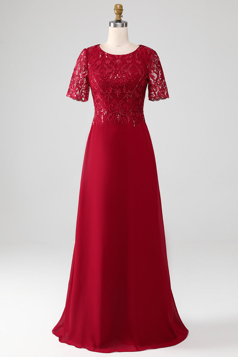 Laden Sie das Bild in den Galerie-Viewer, Burgunderrotes A-Line-Kleid mit funkelnden Pailletten aus Brautmutter mit Rundhalsausschnitt und Applikationen