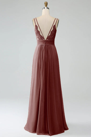 A-Linie Spaghettiträger V-Ausschnitt Plissee Chiffon langes Brautjungfernkleid