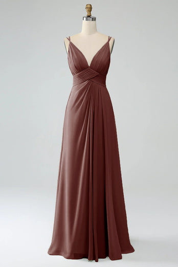 A-Linie Spaghettiträger V-Ausschnitt Plissee Chiffon langes Brautjungfernkleid