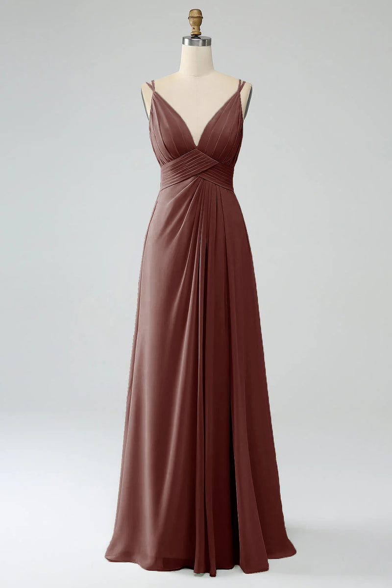 Laden Sie das Bild in den Galerie-Viewer, A-Linie Spaghettiträger V-Ausschnitt Plissee Chiffon langes Brautjungfernkleid