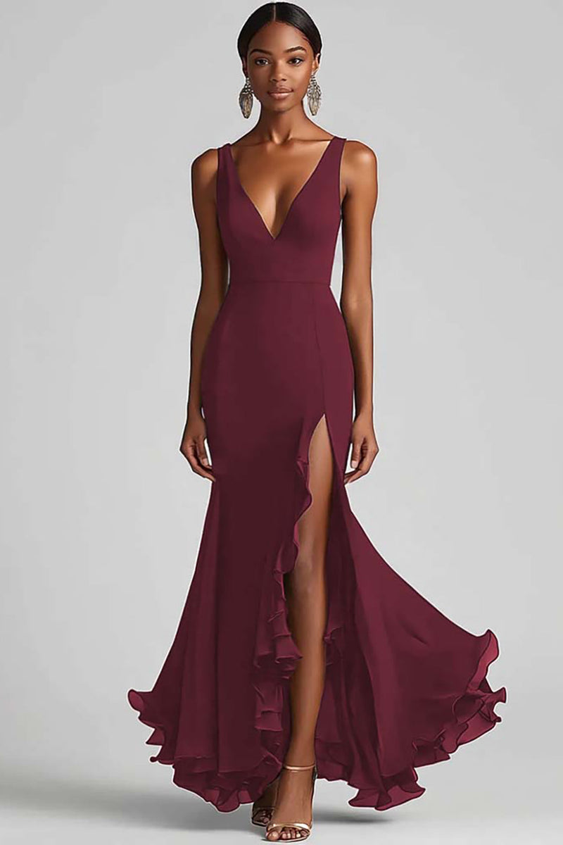 Laden Sie das Bild in den Galerie-Viewer, Schwarz Chiffon Meerjungfrau V Ausschnitt Lange Formelle Kleid mit Schlitz