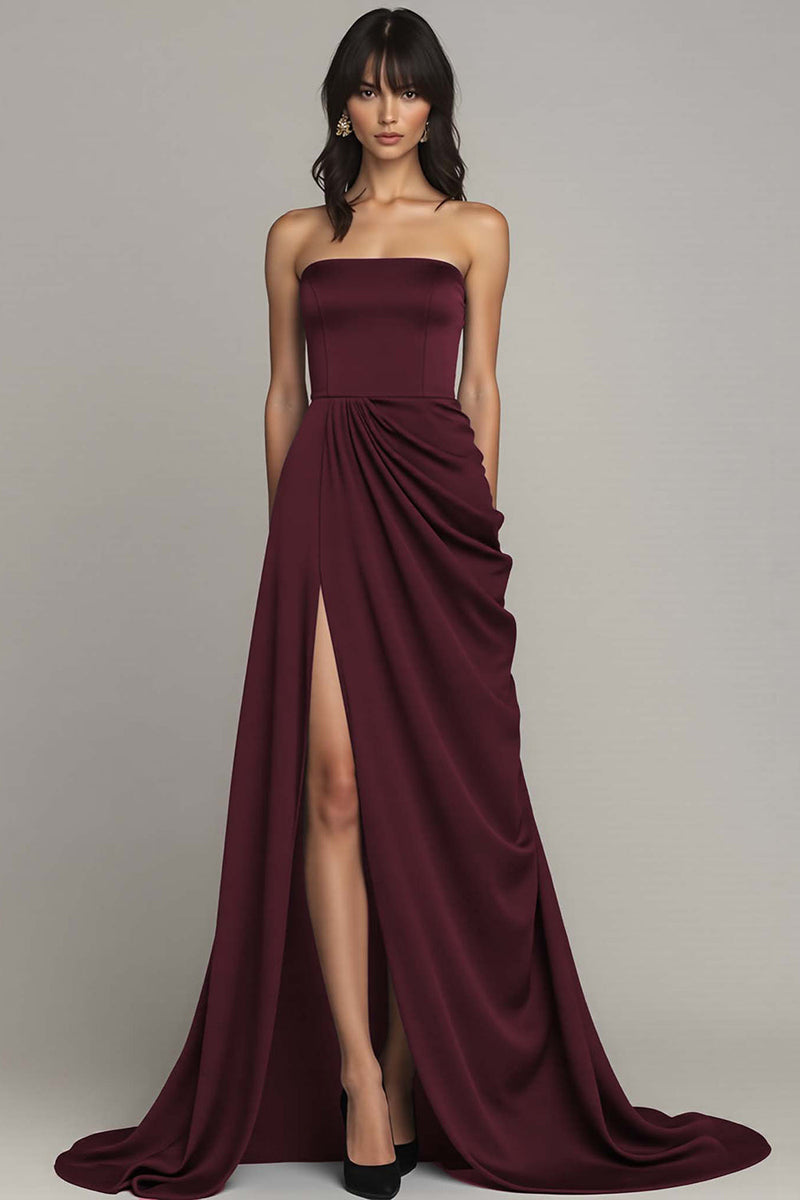 Laden Sie das Bild in den Galerie-Viewer, Schwarz Trägerlos Satin A Linie Lange Formelle Kleid mit Schlitz