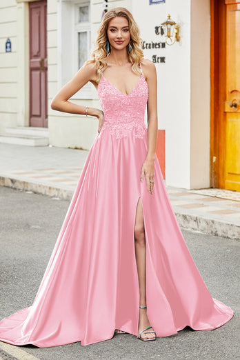 Fuchsia A-Linie Spaghettiträger Abendkleid mit Applikationen