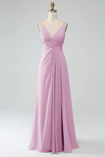 A-Linie Spaghettiträger V-Ausschnitt Plissee Chiffon langes Brautjungfernkleid