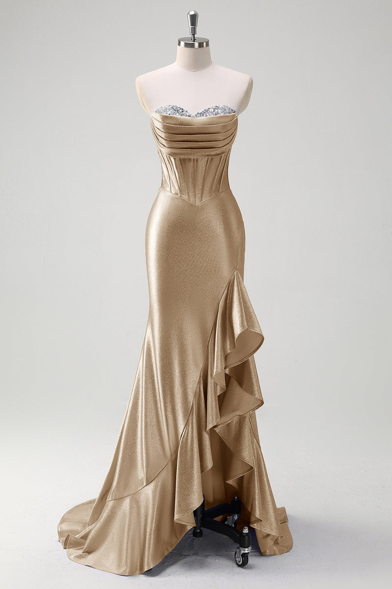 Laden Sie das Bild in den Galerie-Viewer, Glitzer Schwarz Korsett Satin Lange Abendkleid mit Rüschen Schlitz