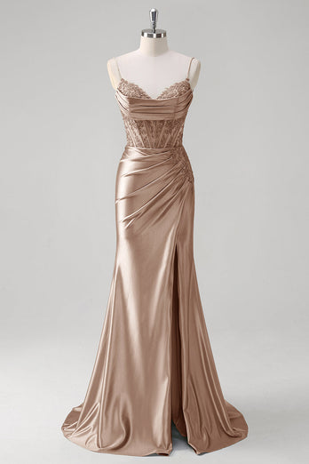 Grün Meerjungfrau Spaghettiträger Satin Korsett Langes Ballkleid mit Schlitz