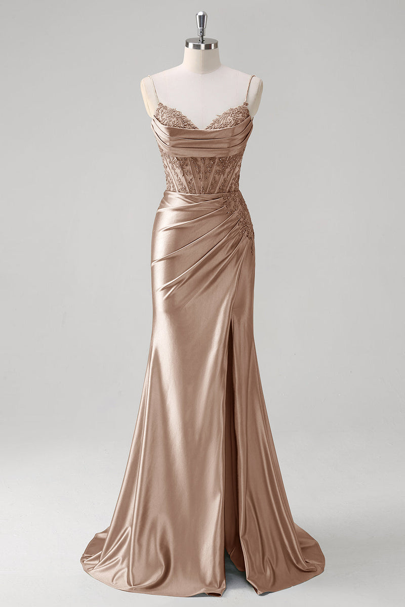 Laden Sie das Bild in den Galerie-Viewer, Grün Meerjungfrau Spaghettiträger Satin Korsett Langes Ballkleid mit Schlitz