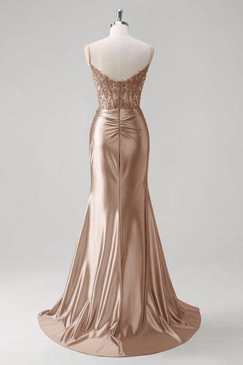Grün Meerjungfrau Spaghettiträger Satin Korsett Langes Ballkleid mit Schlitz